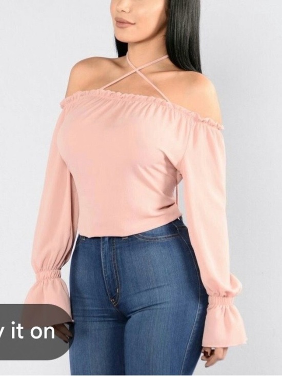Fashion Nova Tops - Fashion Nova Dusty Pink Off-Shoulder Crisscross Long Sleeve Crop Top